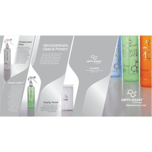 A professional display of Opti-Coat The Ultimate Maintenance Line car care products featuring a silver Protectant Plus spray, a green Power Clean spray, a white drying towel, and tall bottles in light blue, vibrant green, and orange
