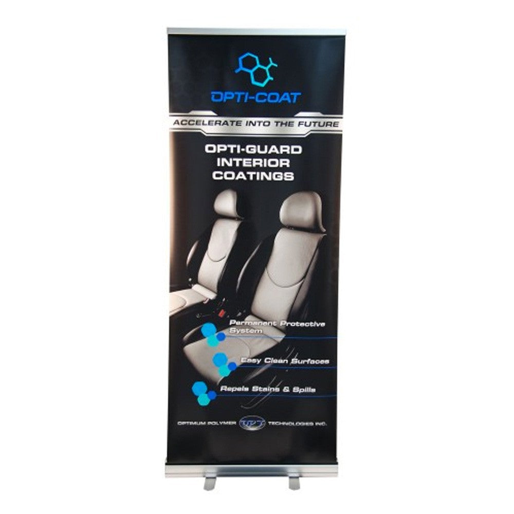 Retractable banner for Opti-Guard Interior Coatings displaying two grey and black car seats, a blue hexagonal Opti-Coat logo, and key features like Permanent Protective System and Easy Clean Surfaces