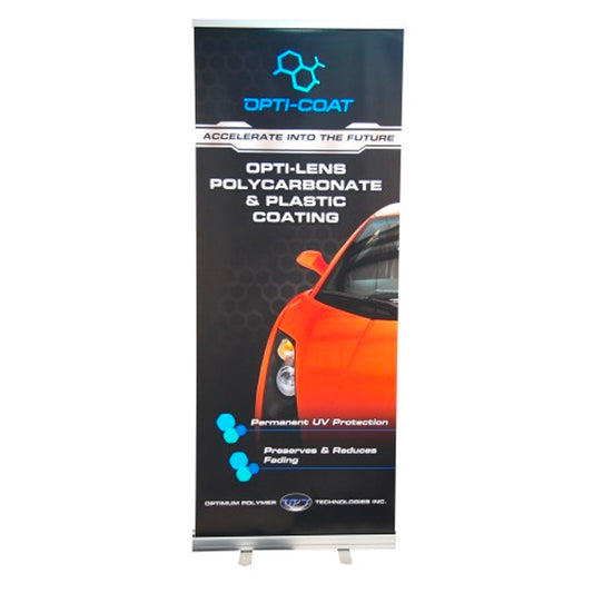 Retractable banner for OPTI-COAT OPTI-LENS Polycarbonate & Plastic Coating by Optimum Polymer Technologies Inc. featuring a vibrant orange sports car, a blue chemical molecule logo, and text promoting permanent UV protection