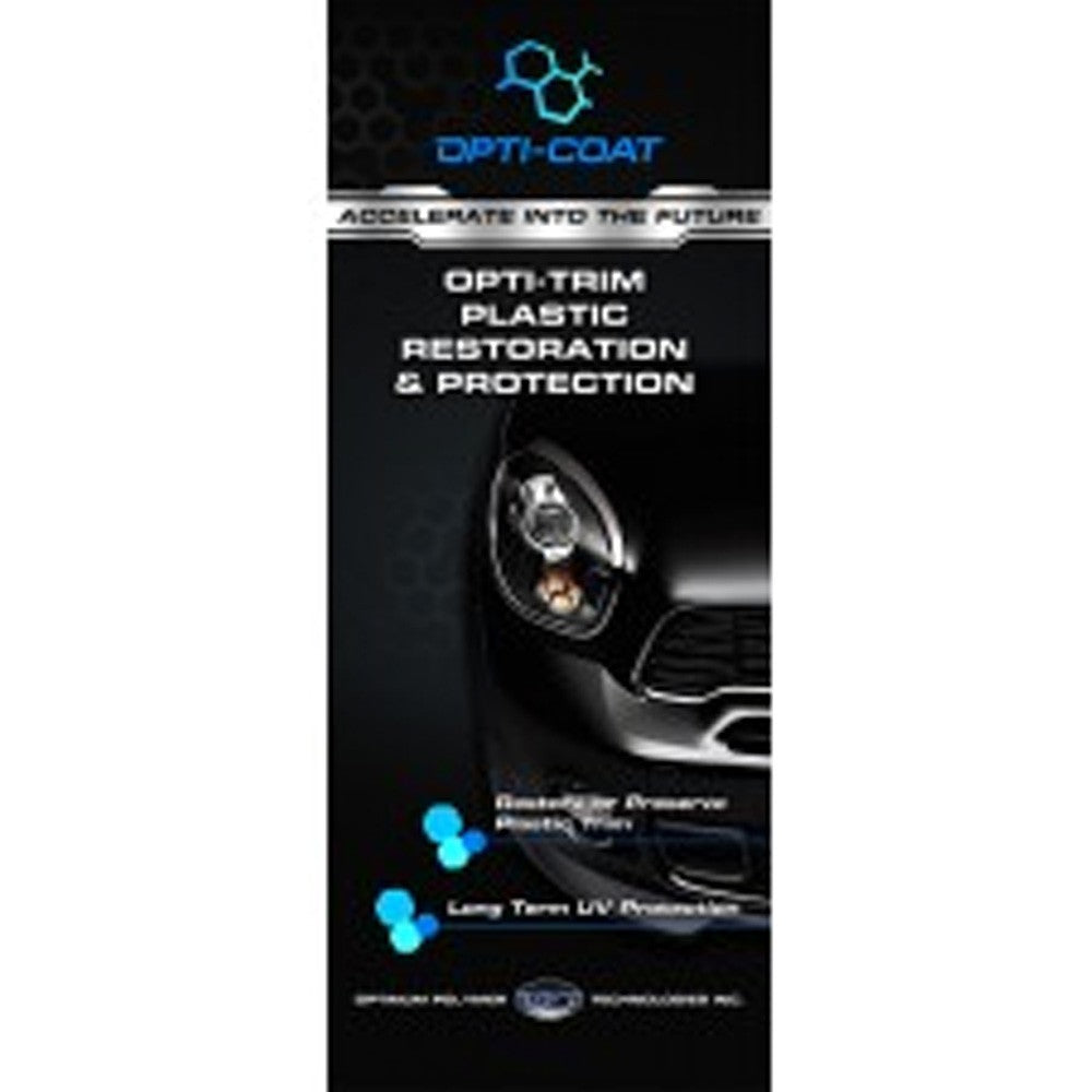Digital advertisement by Opti-Coat promoting Opti-Trim Plastic Restoration & Protection, displaying a glossy black car headlight and grille, accented by a blue molecular logo and "Accelerate into the Future" text