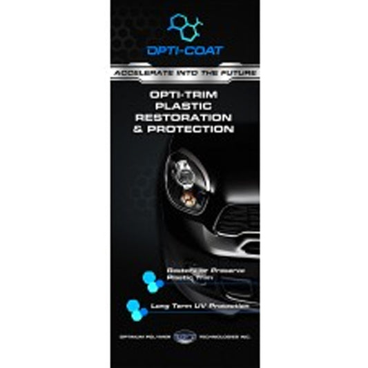 Digital advertisement by Opti-Coat promoting Opti-Trim Plastic Restoration & Protection, displaying a glossy black car headlight and grille, accented by a blue molecular logo and "Accelerate into the Future" text