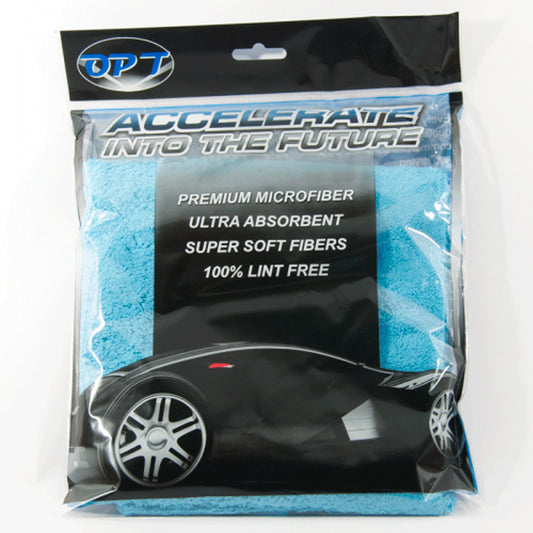 OPT packaged blue microfiber towel featuring a black sports car graphic, ACCELERATE INTO THE FUTURE text, and emphasizing premium ultra-absorbent and 100% lint-free fibers