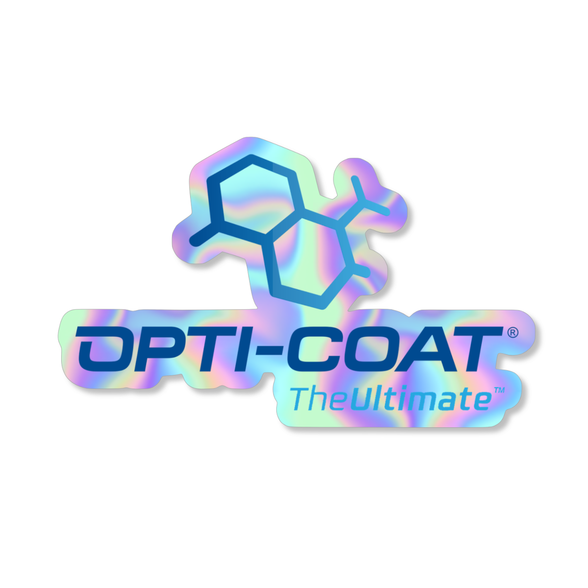 Holographic brand logo sticker for OPTI-COAT featuring an iridescent background a blue chemical structure and bold blue OPTI-COAT TheUltimate text