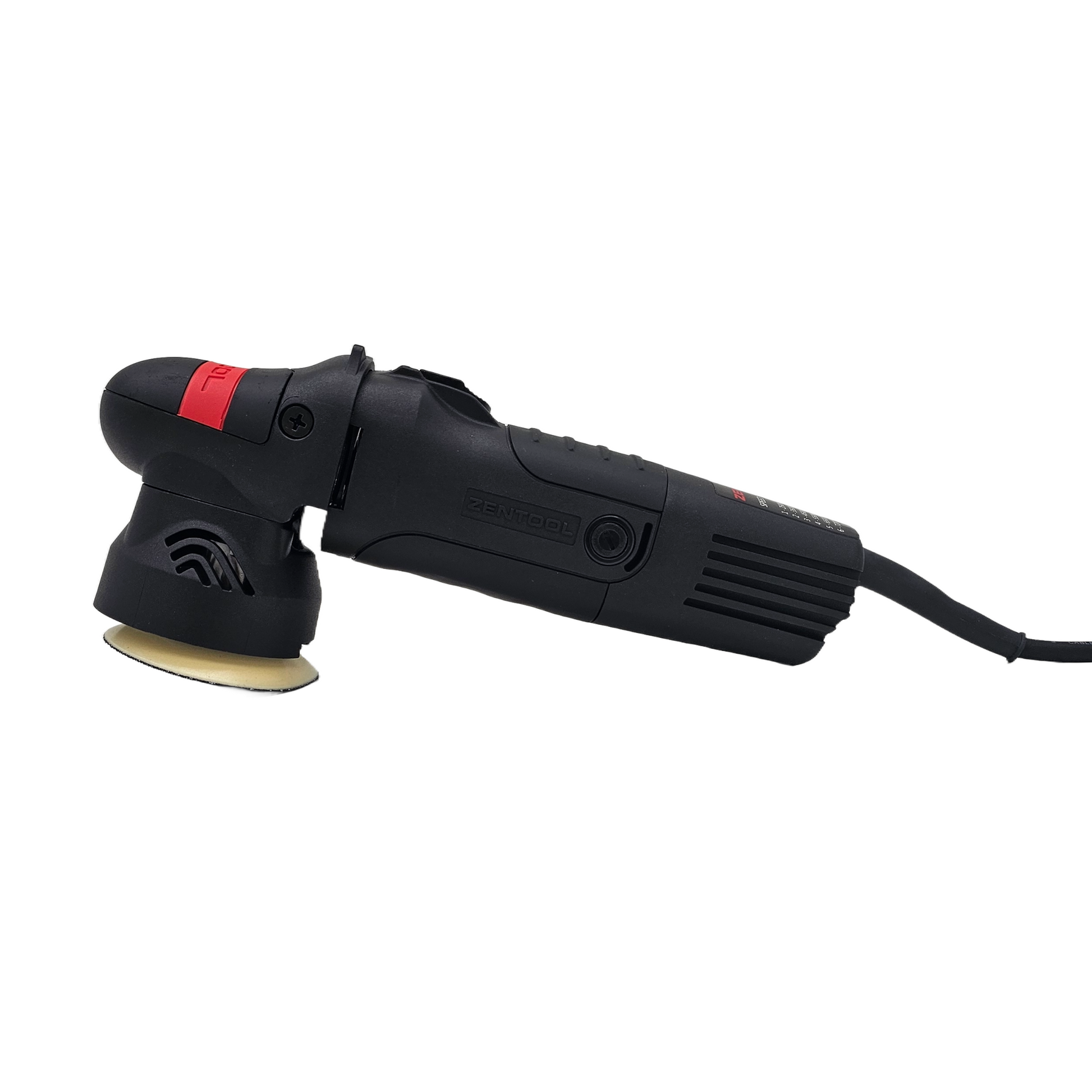 Product photograph of a black Zentool orbital polisher featuring a distinctive red grip accent and a cream polishing pad presented on a clean white background