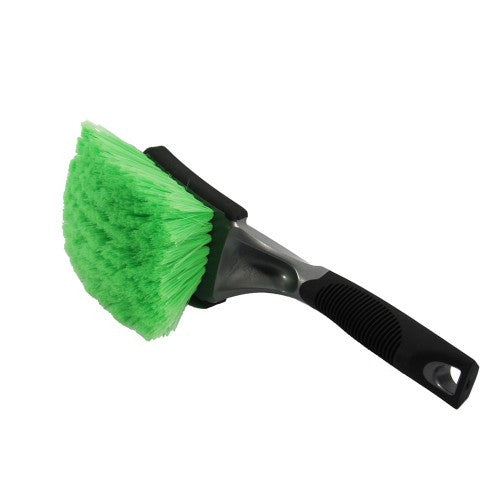 Product image of a car wash brush featuring vibrant green bristles, a gray shaft, and a black ergonomic handle with a hanging loop