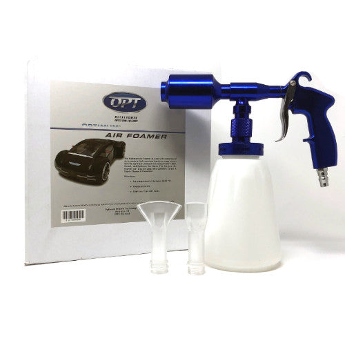 An OPT Air Foamer car detailing tool featuring an electric blue spray gun a white reservoir bottle two clear plastic nozzles and its white product box with a black car graphic