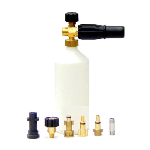 A complete foam cannon kit featuring a white reservoir bottle, a brass and black adjustable spray nozzle, and six diverse quick connect pressure washer adapters below