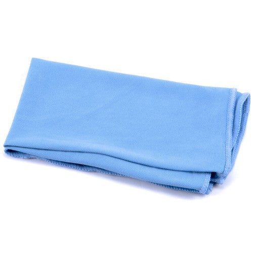 Photograph of a folded bright light blue microfiber cloth showcasing its subtle texture and neatly stitched edges on a plain white background