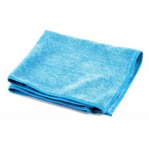 A folded light aqua blue microfiber cleaning cloth with a soft textured surface and darker blue stitched edges on a white background