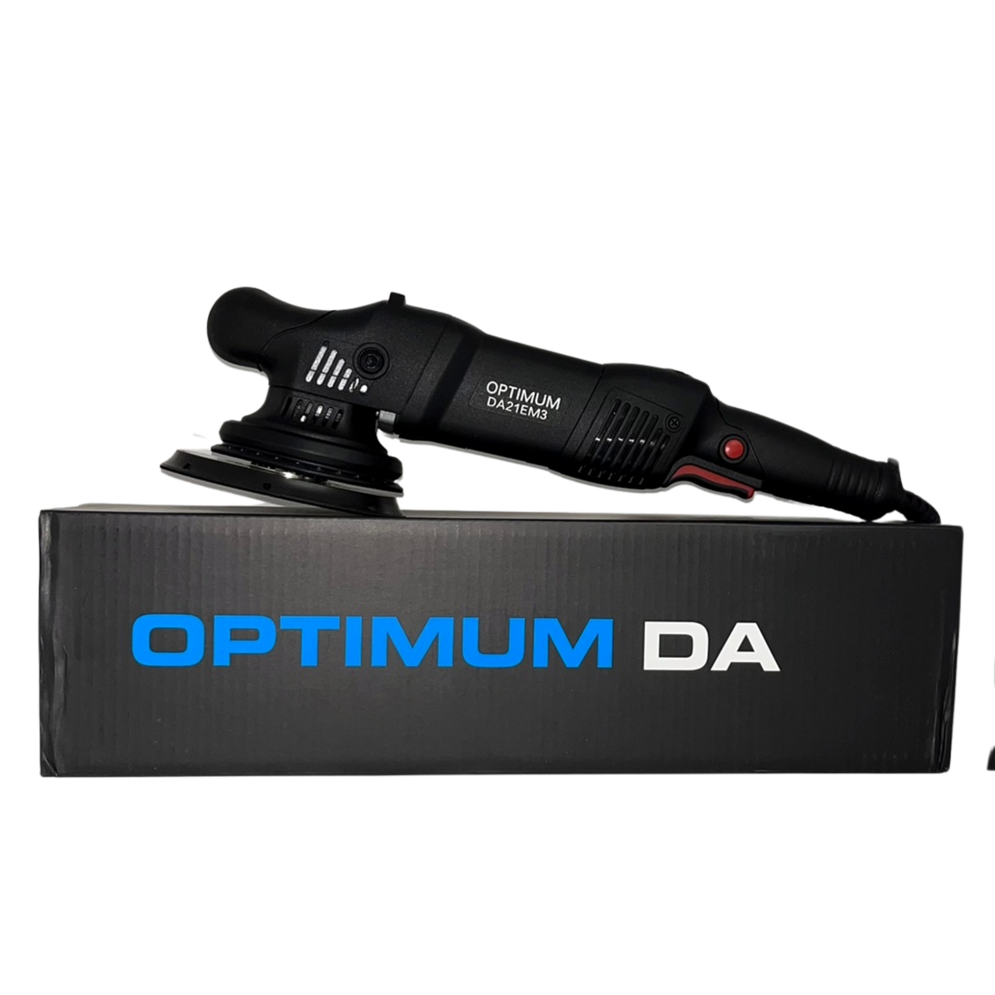Product photography of an Optimum DA21EM3 black dual action polisher with a prominent red power button resting on its black packaging box featuring the bright blue and white OPTIMUM DA logo