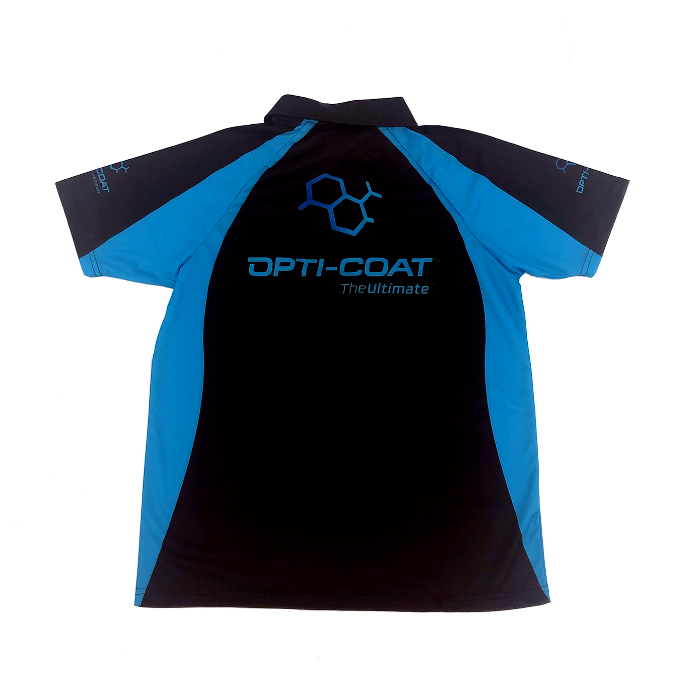 Black and bright blue athletic polo shirt shown from the back featuring a blue hexagonal chemical structure logo and Opti-Coat TheUltimate branding