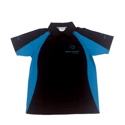 Black and bright blue color block Opti-Coat branded polo shirt with a light blue chemical structure logo and 'The Ultimate' text on the chest and sleeves