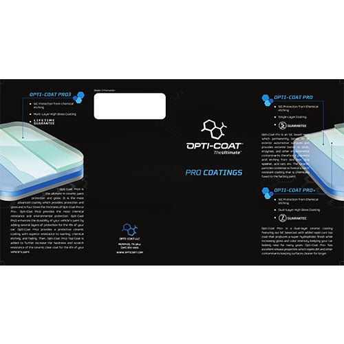 Digital graphic of Opti-Coat Pro Coatings product information featuring a black background, the Opti-Coat hexagonal logo, and layered diagrams in translucent blue and green for Opti-Coat Pro3 and Pro ceramic coatings