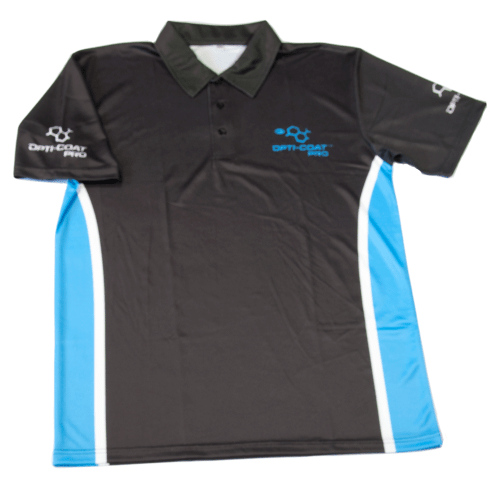 Product image of a dark grey Opti-Coat Pro polo shirt laid flat on a white background featuring light blue side panels, a white dividing stripe, and a light blue molecular logo on the chest and sleeves