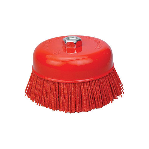 Vibrant red circular power tool brush head featuring stiff densely packed bristles and a central silver hexagonal nut for attachment