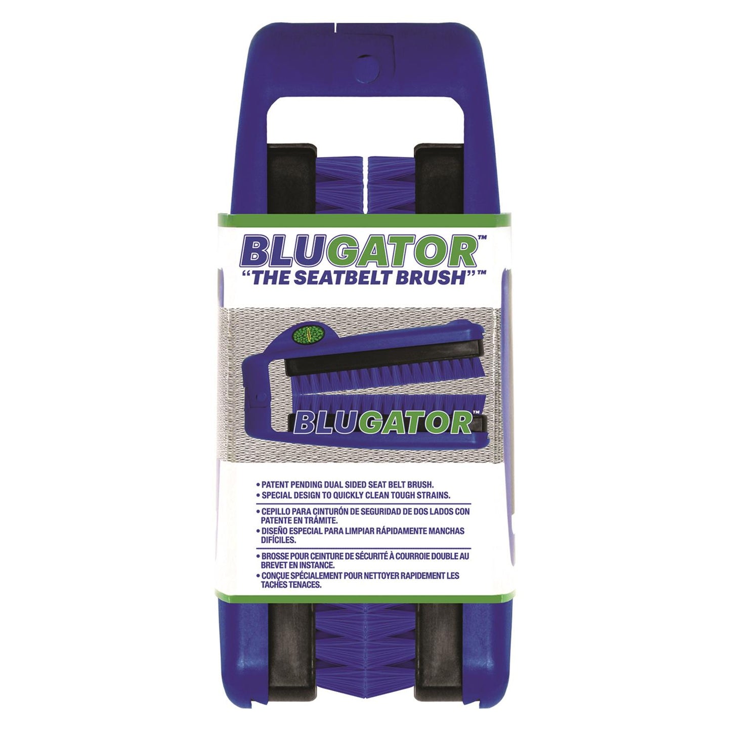 Product packaging for Blugator The Seatbelt Brush, a blue dual-sided cleaning tool with black bristles and a small green logo, highlighting its patent pending design for tough stains