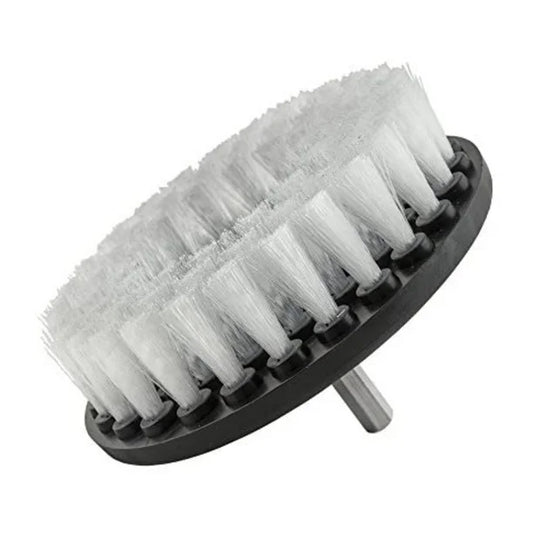 A round drill brush with stiff white bristles, a black base, and a silver hexagonal shaft designed for power drills