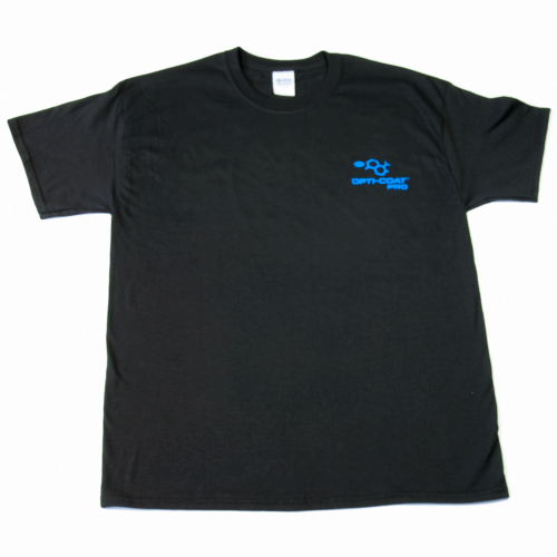 Black Gildan t-shirt featuring a blue OPTI-COAT PRO logo with an abstract molecule graphic on a plain white background