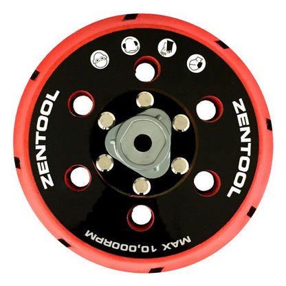 Zentool red and black orbital sander backing pad with 8 dust extraction holes, a central silver hexagonal mount, white safety icons, and Max 10,000RPM text
