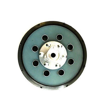 A round orbital sander hook-and-loop backing pad with a black outer rim a translucent light blue disc ten ventilation holes and a central silver attachment plate